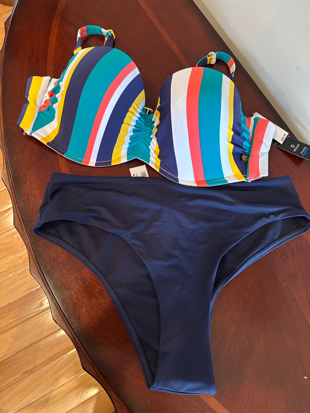 NWT La Vie En Rose Aqua Navy Bikini Bottom with Multicolor Stripe Top